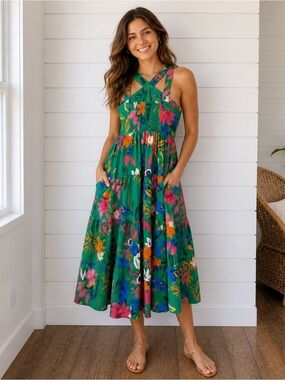 J. Crew Factory Tiered Halter Midi Dress Bright Clover Multi Side Zip Sz 10 NWT